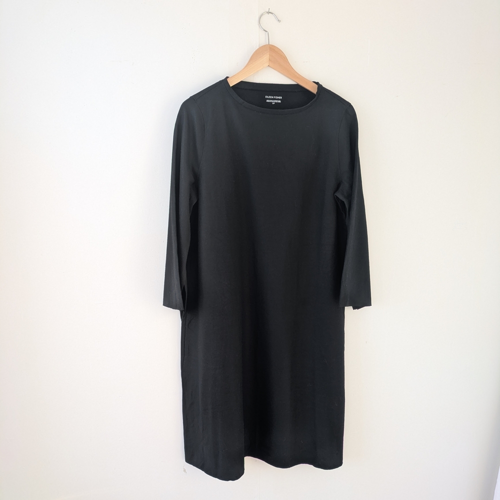 Eileen Fisher Boiled Wool Jersey Dress Black Flare Sleeves NWT Size Small